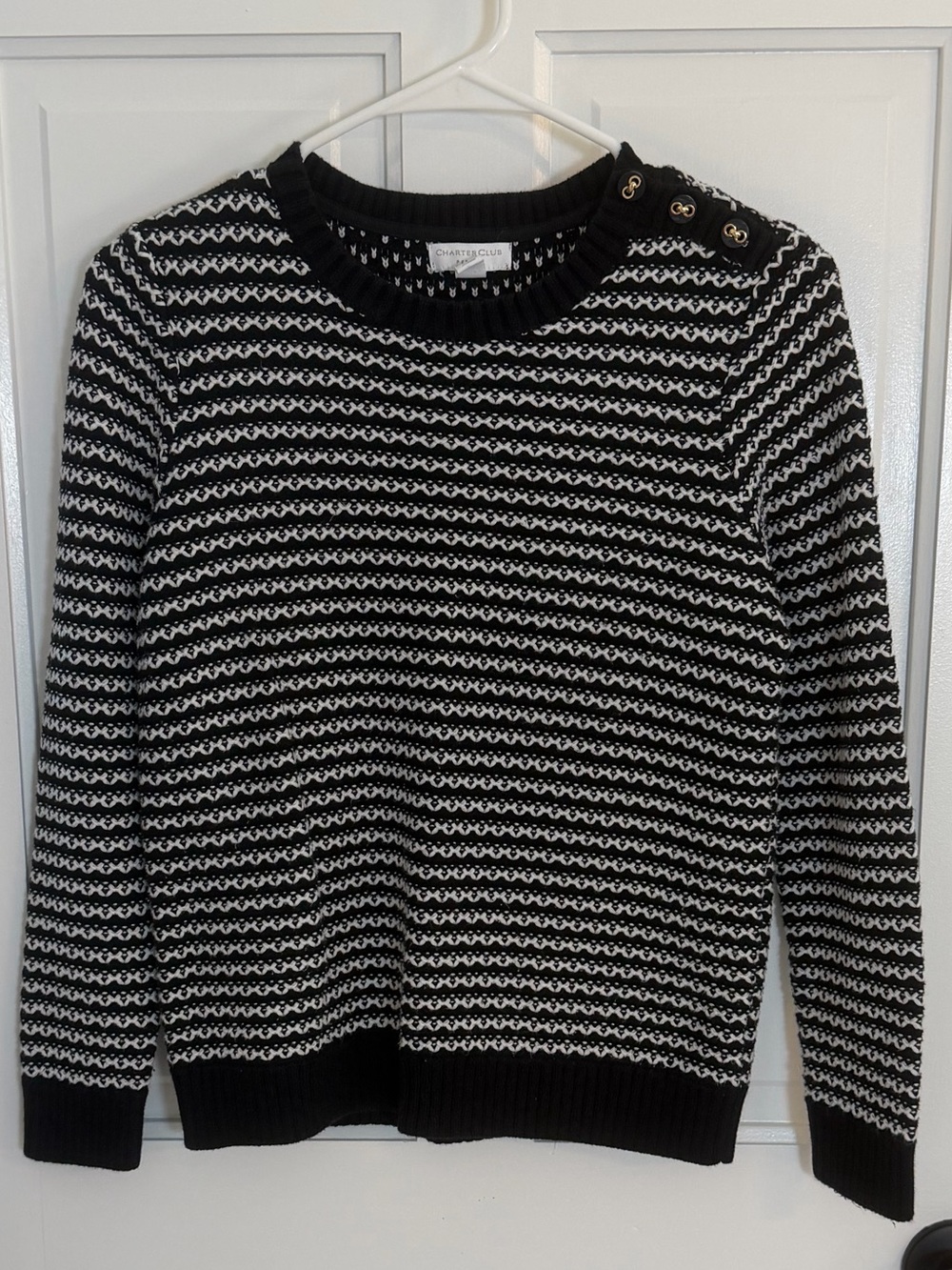 Charter Club Petite Black White Button Shoulder Knit Sweater P/M